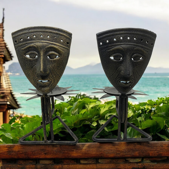 Lot 2 x Vintage 1990’s Pier 1 Metal Candle Holders Table African Tribal Masks - Picture 1 of 9